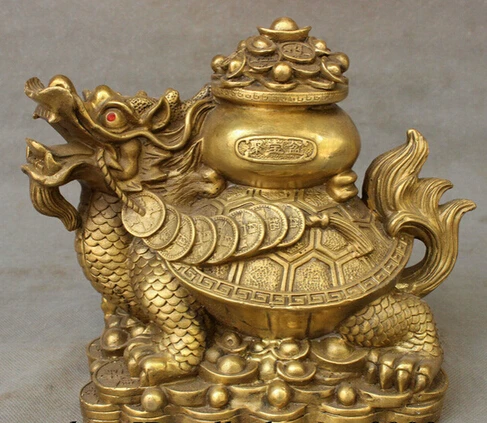 

09" Chinese Folk Pure Brass Wealth Treasure Bowl Coin On Dragon Turtle Statue