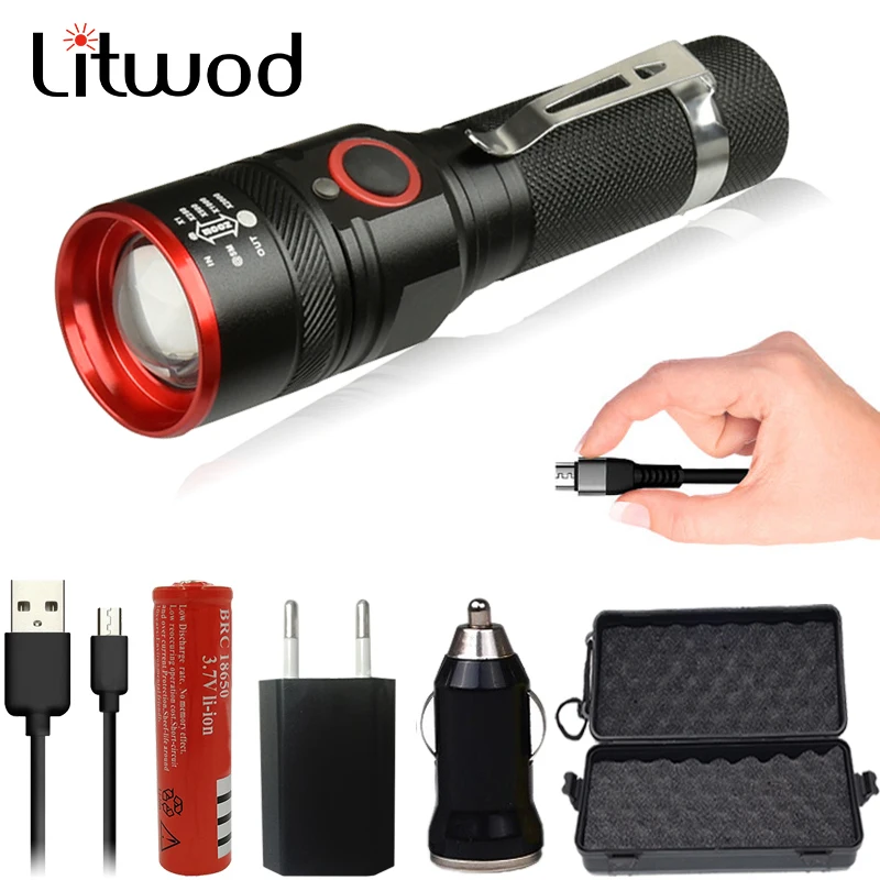 

litwod Z251511 XM-L T6 4000lm use Micro USB Rechargeable Led Flashlight Zoomable 3 modes torch for 18650 with USB cable Camping
