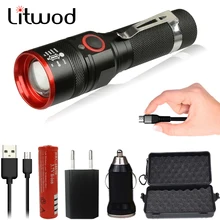 Litwod z251511 xm-l t6 4000lm uso micro usb recarregável lanterna led zoomable 3 modos tocha para 18650 com cabo usb campismo