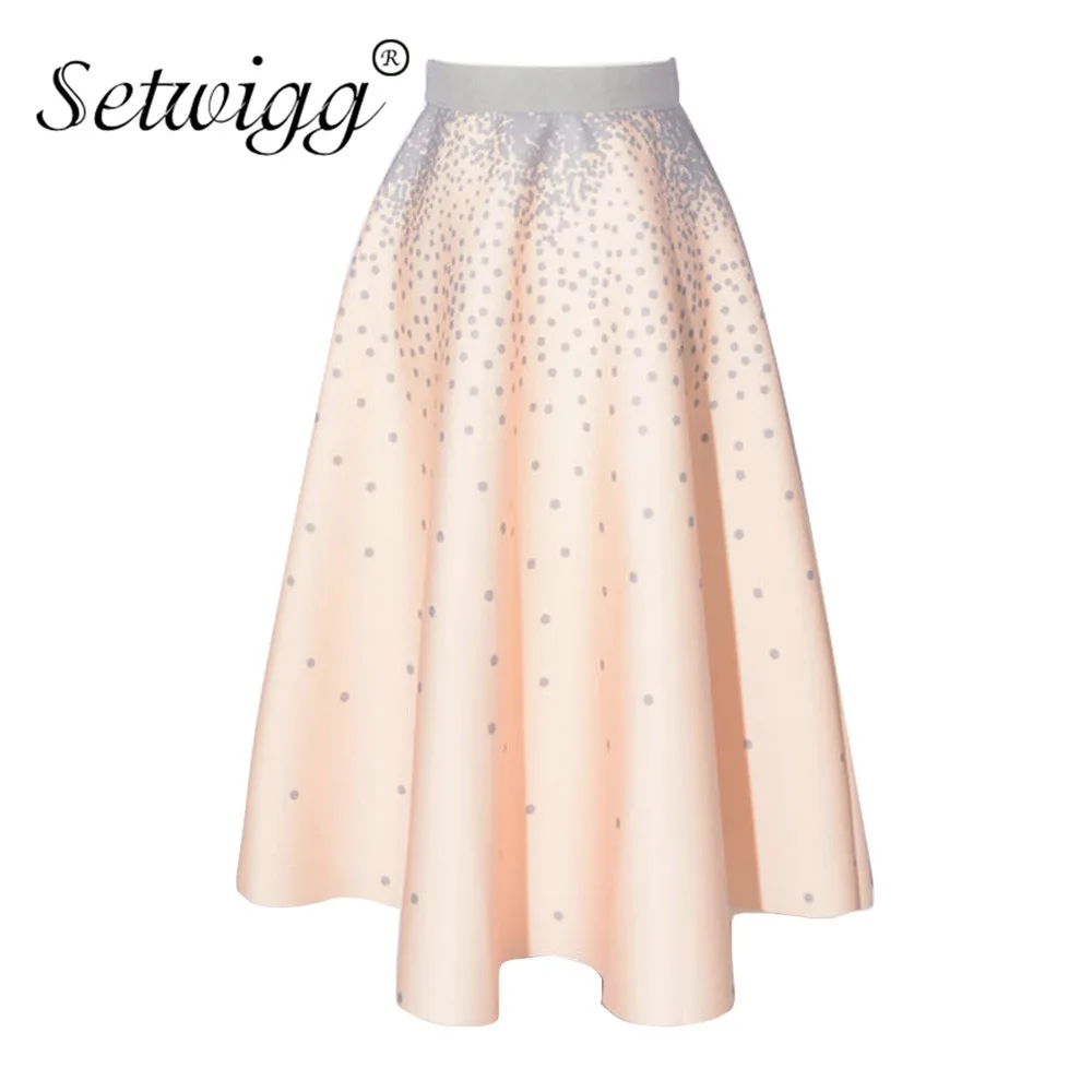 

SETWIGG Hepburn Style Print Flared Thick Long Spring Skirt Stretch Waist Dotted/Striped Pleated Puffy Autumn Skirt SG18