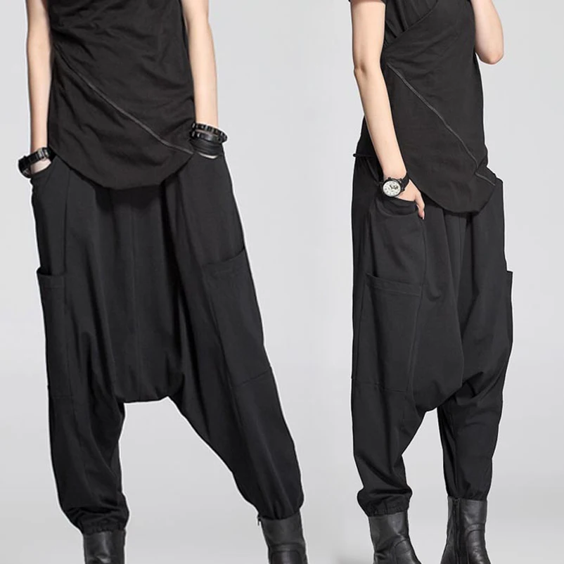 

Spring Summer Loose Pocket Drop Crotch Cross Pants Women Harem Pants Trousers S-XXL