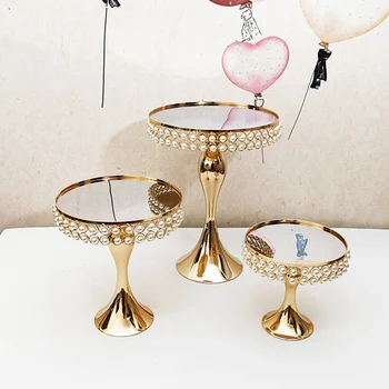 

Pearl high feet beautiful wedding table layout cake rack gold metal mirror