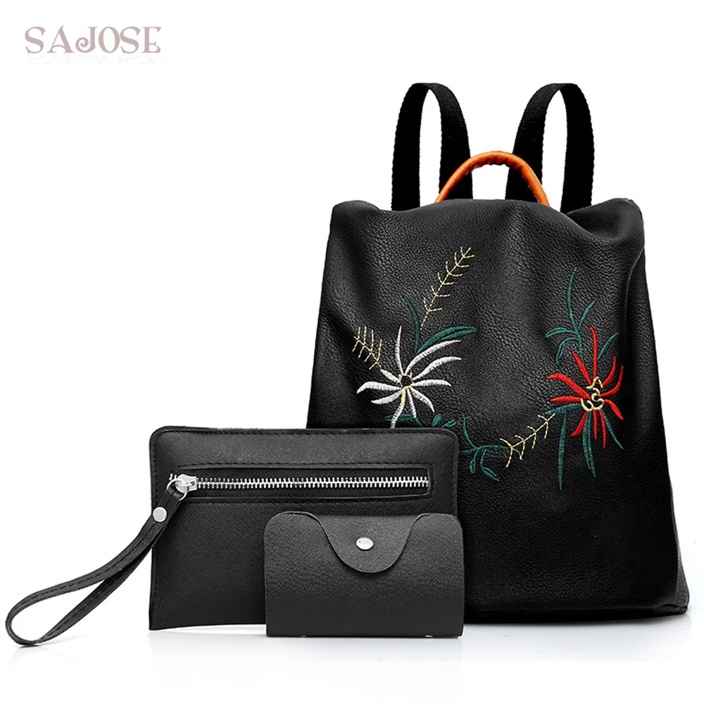 

Women Leather Backpacks Compound Bag Designer Female 3 Sets Embroidery Black Lady Fashion Shoulder Bags For Girl Drop Shipping