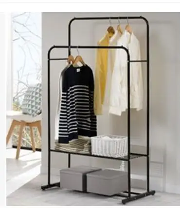 Clothes rack floor bedroom clothes and hat rack. Simple double pole type indoor hangers. Hang clothes rack..
