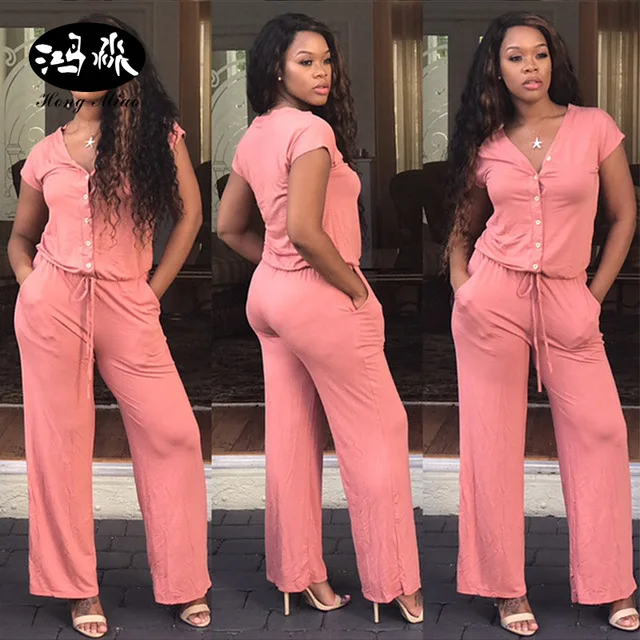 HongMiao Casual Jumpsuit Women 2017 Summer Short Sleeve V