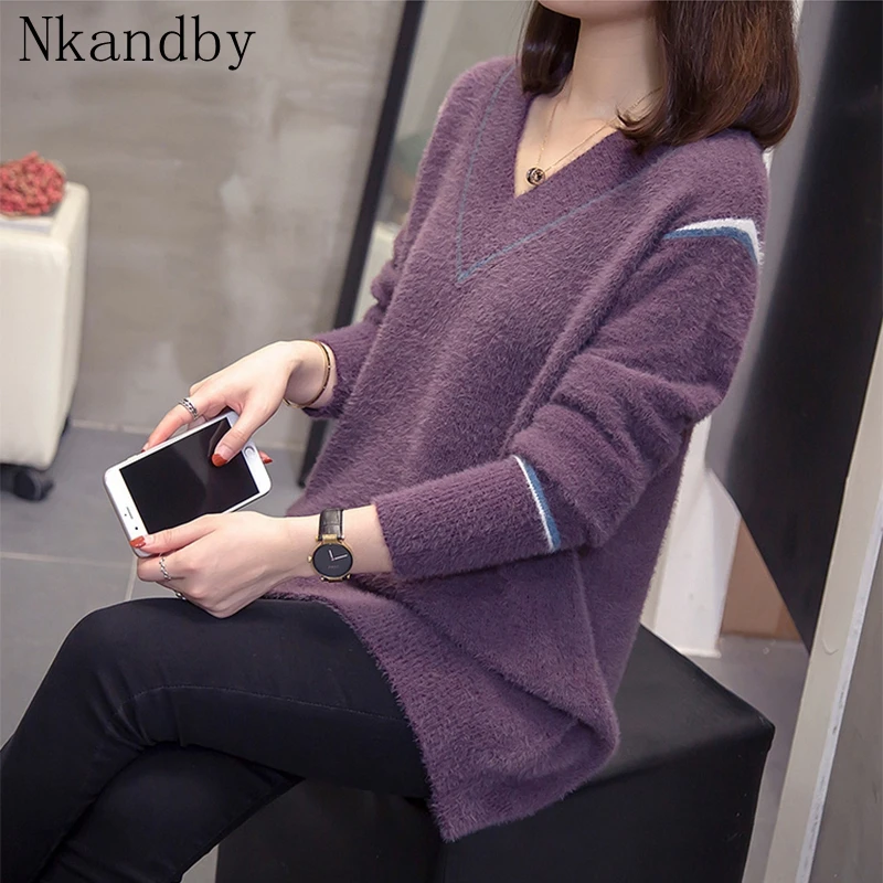 Plus Size Cashmere Pullover Women`s Sweater 2021 Autumn Winter Korean V-neck Loose Warm Mohair Jumpers Oversize Ladies Knitwear | Женская