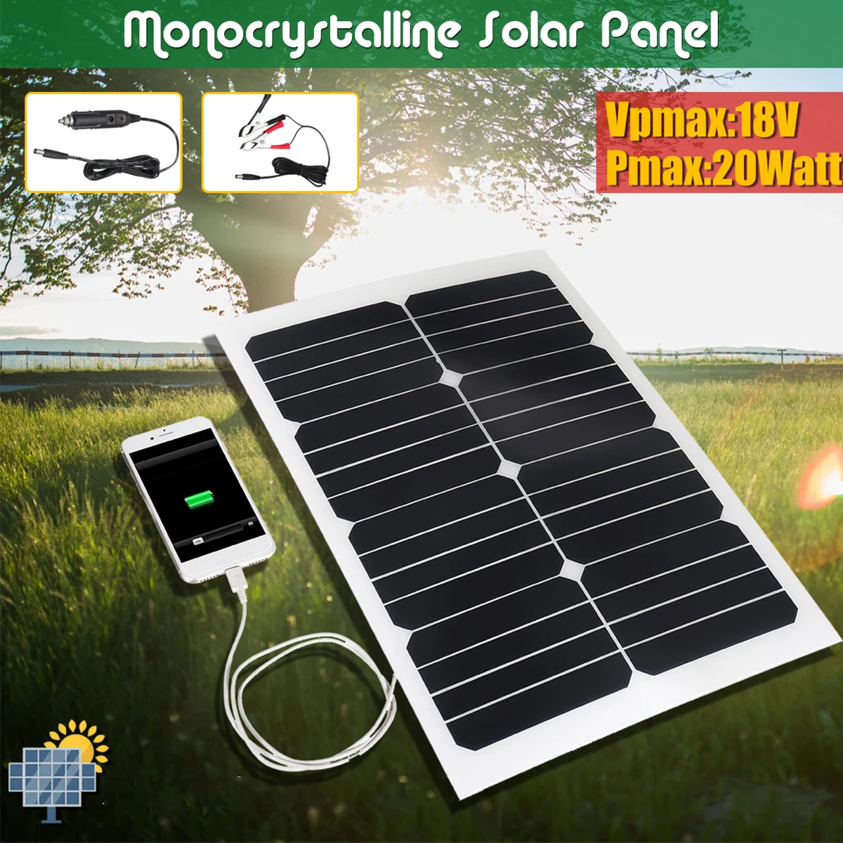 

CLAITE 20W 18V Solar Panel Plate Flexible Solar Charger For Car Battery 12V Sunpower Monocrystalline Silicon Cells Module Kit