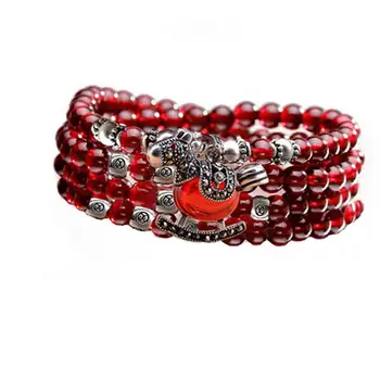 

Jade Angel 5mm Round Genuine Garnet Beads Bracelet with 925 Silver Marcasite Horse Garnet Charm Thanksgiving Gifts Birthday Gift
