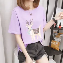 Kawaii мультфильм олень футболка с принтом Лето 2019 г. для женщин Корейская одежда забавные Harajuku короткий рукав Повседневная прекрасный