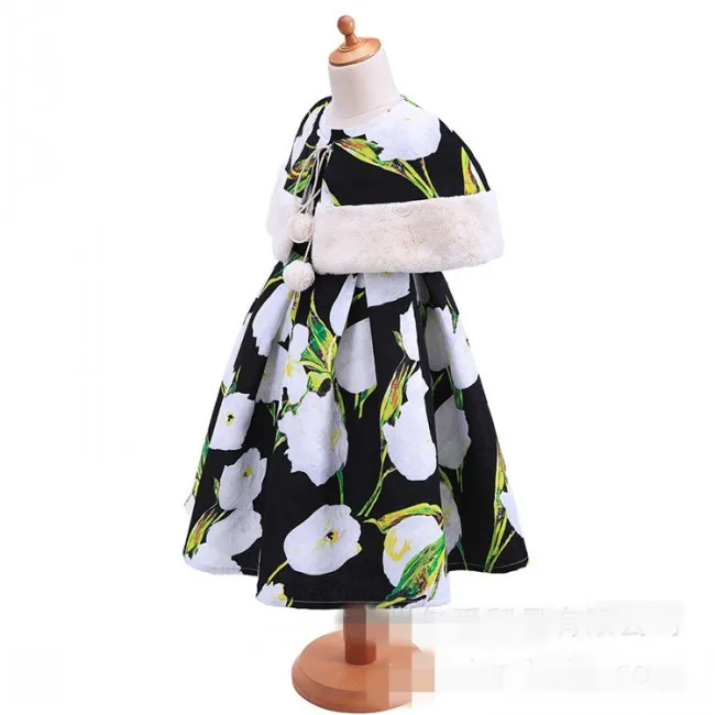 

EMS DHL Free shipping 2016 New High-quality Girl winter sleeveless Dress clothing printing Invisible Zipper Party Dress+Shawl