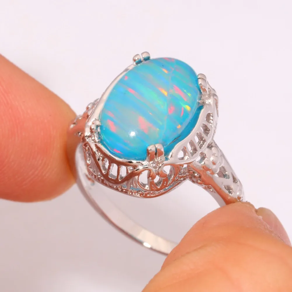 CiNily Created Rainbow Blue Fire Opal Silver Plated Wholesale Hot Sell for Women Jewelry Party Ring Size 7 8 9 OJ5703-04
