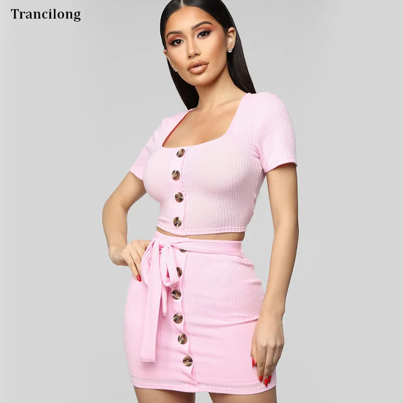 

Trancilong Pink, Blue Short-Sleeved Solid Color Skirt Two Piece Set Women'S Stitching Sexy Backless Hollow Strap Two Piece Suit