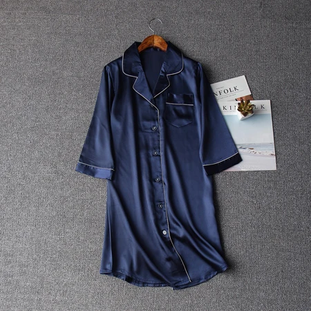 Бренд thoshine Летний стиль Китай атласные шелковые ночную рубашку Для женщин сексуальная ночная рубашка на пуговицах женского нижнего белья превосходное ночные рубашки и пижамы - Цвет: Синий