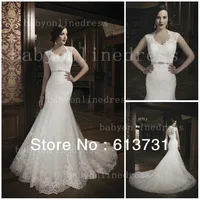 2014 New Vestidos De Noivas White Cap Sleeves V Neck Luxury Button Back Beaded Lace Wedding Gowns Dresses Free Shipping JA 8689