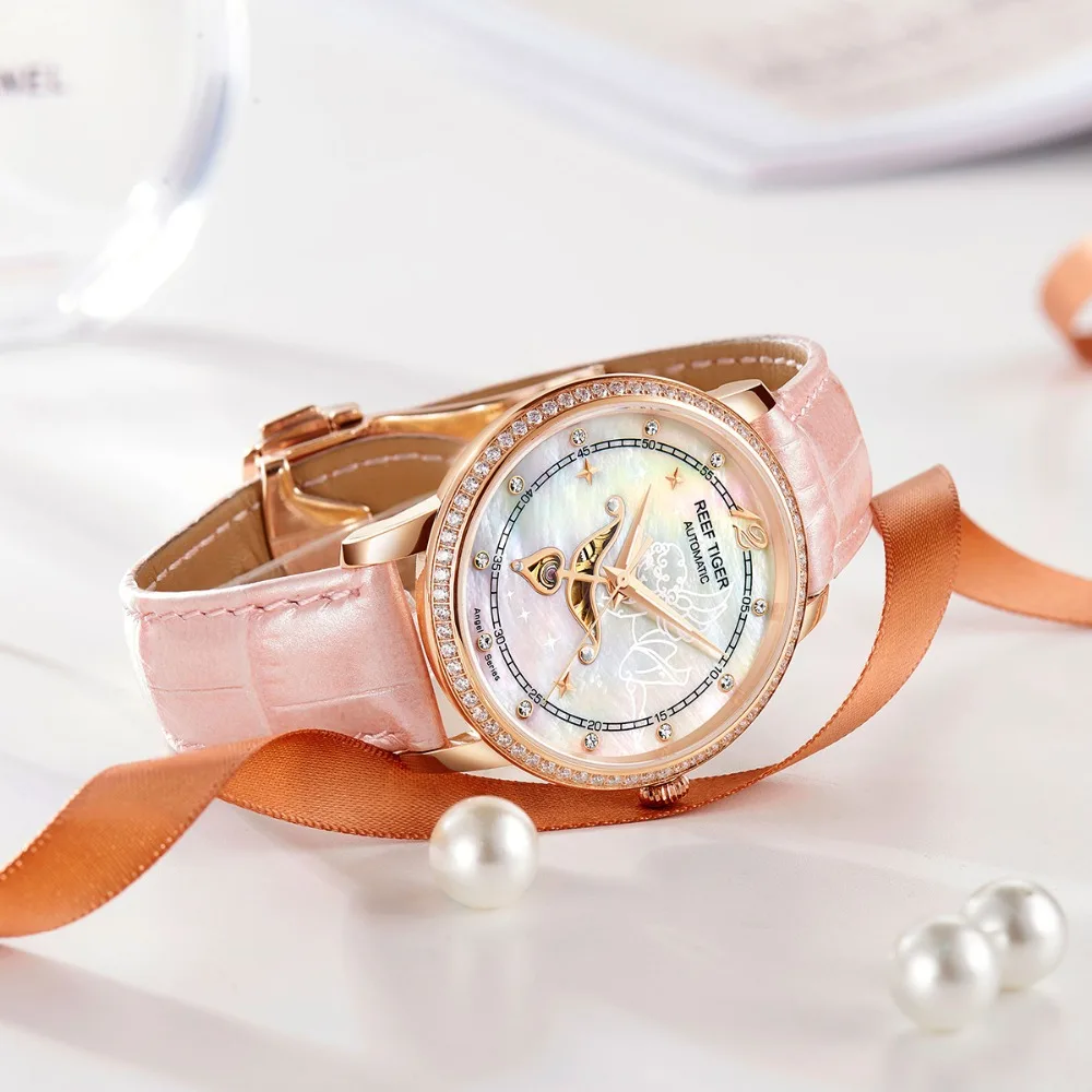 US $200.20 Reef TigerRT Designer Fashion Womens Watch with White MOP Dial Diamonds Automatic Watches with Calfskin Leather RGA1550