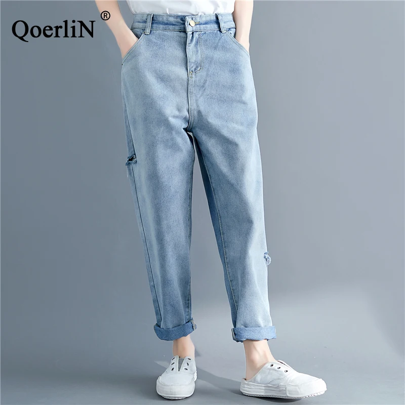 

QoerliN Jean Woman Mom Jeans Pants Boyfriend Jeans for Women High Waist Push Up Large Size Ladies Jeans Denim 2019 Summer Holes