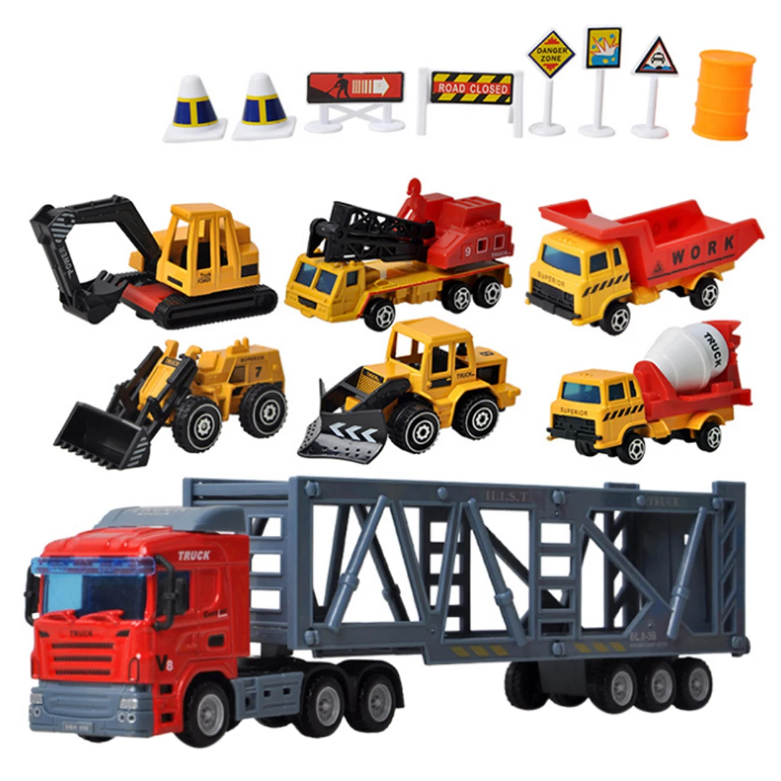 

Sliding Alloy Container Car Tractor with 6Pcs Small Engineering Vehicle Toys Set for Children Playing Kits