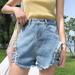 Девушка Дамы эластичные джинсовые шорты Высокая талия отверстие теплые брюки рваные брюки Повседневное мини летние женские брюки с