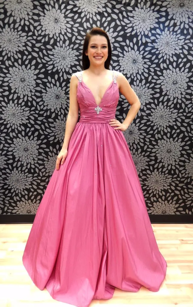 Elegant Spaghetti Strap A Line Taffeta font b Prom b font Gown Deep V Neck Beading