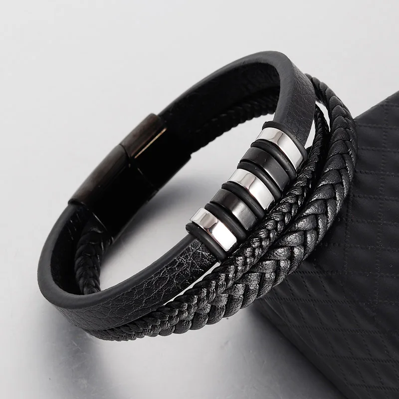New Vintage Genuine Leather Bracelet Stainless Steel Magnetic Clasp Bangle for Men Jewelry Classic Braid Multilayer Rope