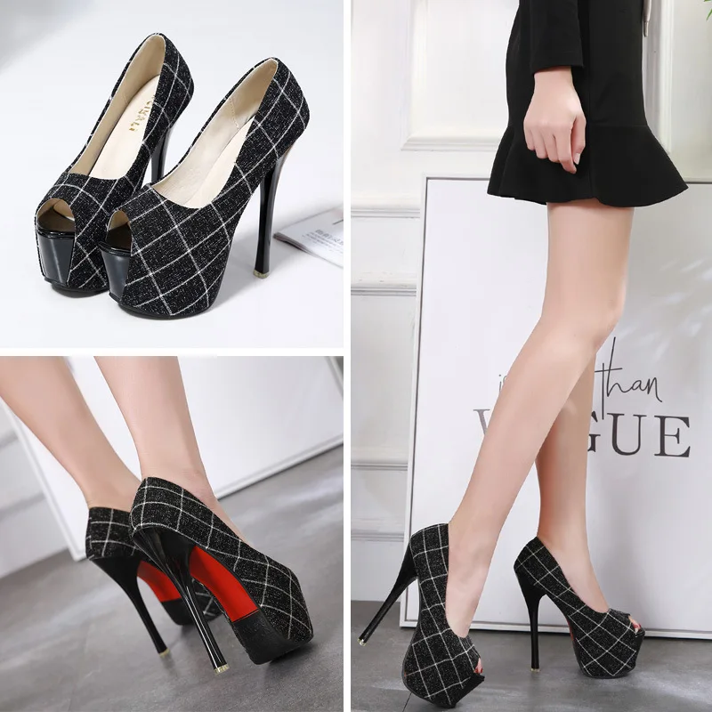 

2019 Women Summer Plaid Stiletto 15cm High Heels Sandals Female Peep Toe 6cm Platform Fetish Scarpins Shoe Lady Red Bottom Pumps