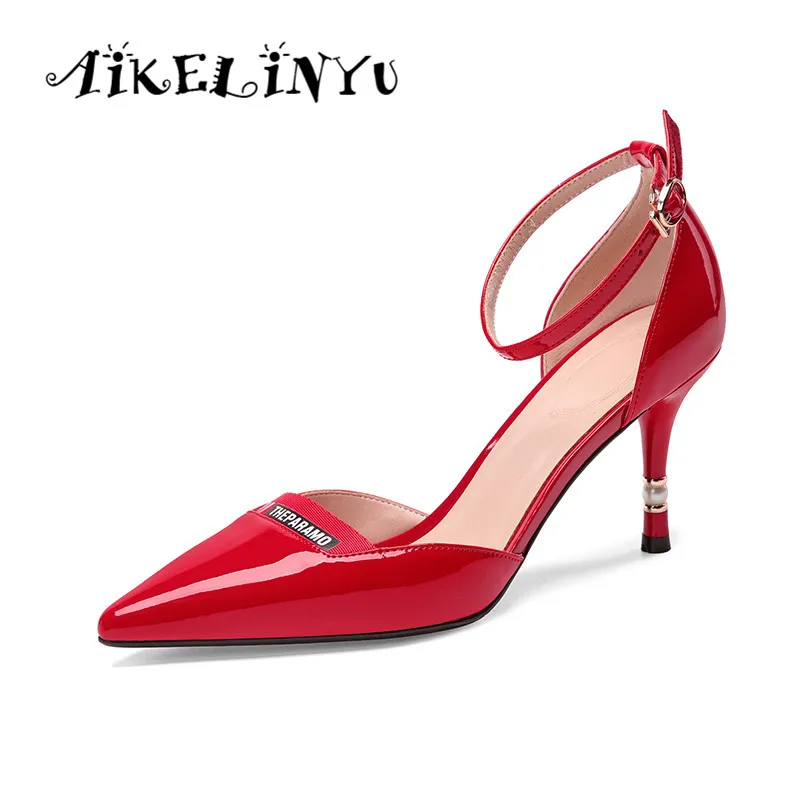 

AIKELINYU Brand Women Pumps Summer Fashion Genuine Leather Sexy Women Sandals Red Fine High Heels Party Lady Wedding Sandals