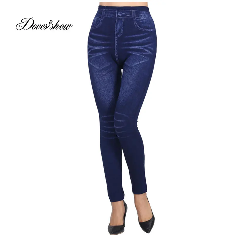 Fashion Slim Women Spring Summer Leggings Faux Denim Jeans Leggings Long Floral Printing Casual Pencil Pants Thin Fleece Inside white leggings Leggings