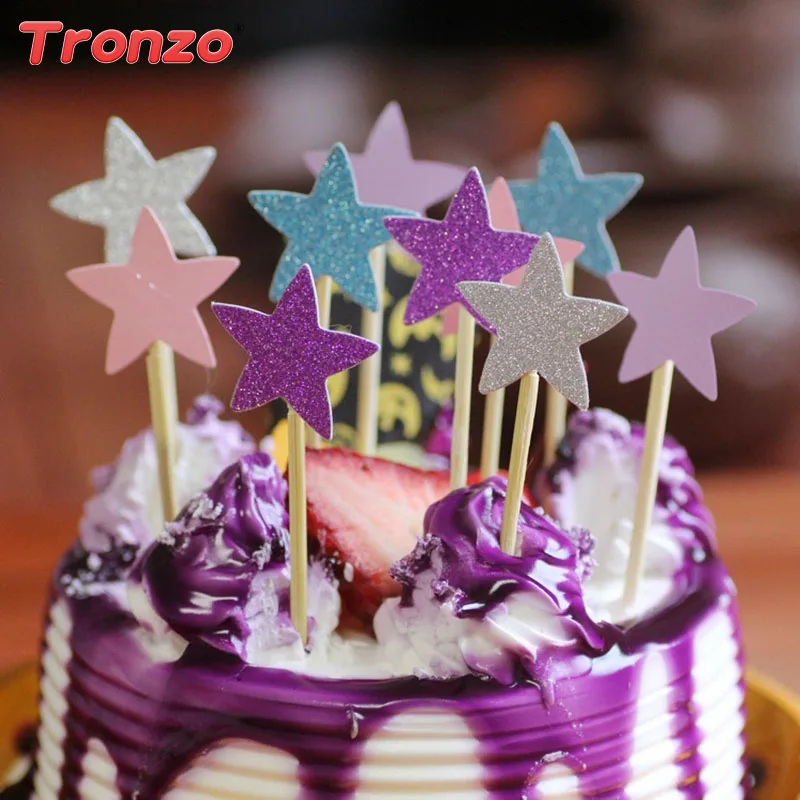 

Tronzo 40Pcs/set Cute Heart Star Cake Topper Gold Silver Handmade Paper Cupcake Topper Happy Birthday Party Decoration Supplies
