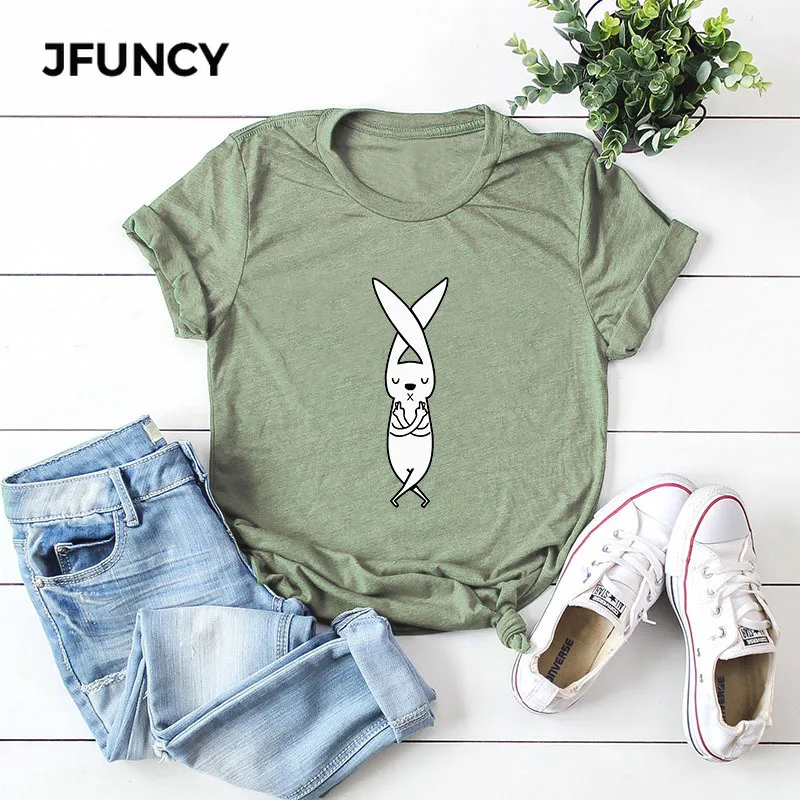 

JFUNCY Creative Fun Women Tshirt Cute White Rabbit Tops Women's T-shirts 100% Cotton Short Sleeve Tee Tops Plus Size T Shirt