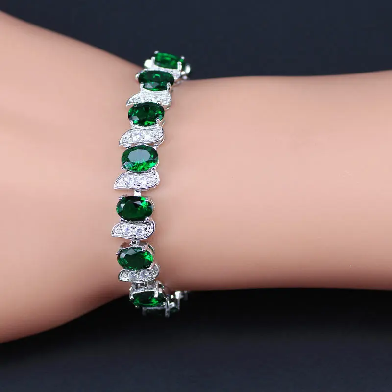 Русские модные обручальные комплекты украшений для женщин зеленый искусственный изумруд Белый Циркон 925 марка серебряный цвет ювелирные браслеты