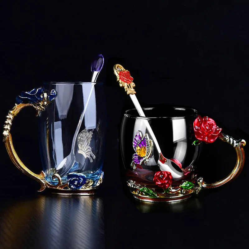 

Blue/Red Enamel Crystal Cup Flower Tea Glass High-grade Glass Water Cup Flower Mug with Handgrip Perfect Gift For Lover Wedding