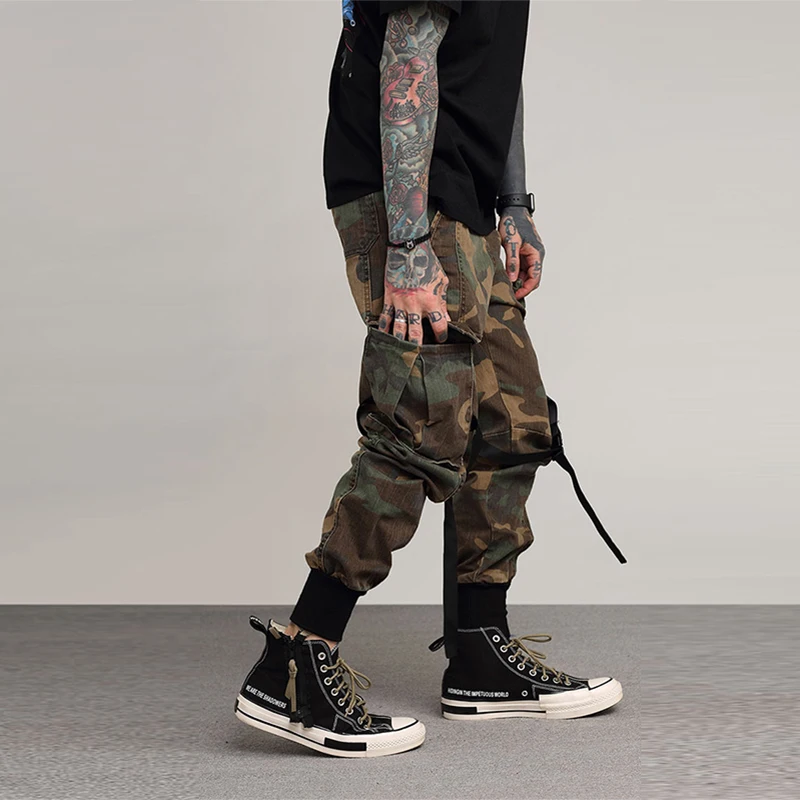 Novel ideas Casual Pants Men Black Camouflage Cargo Pants Ribbons Hip Hop Pockets 2018 Spring 