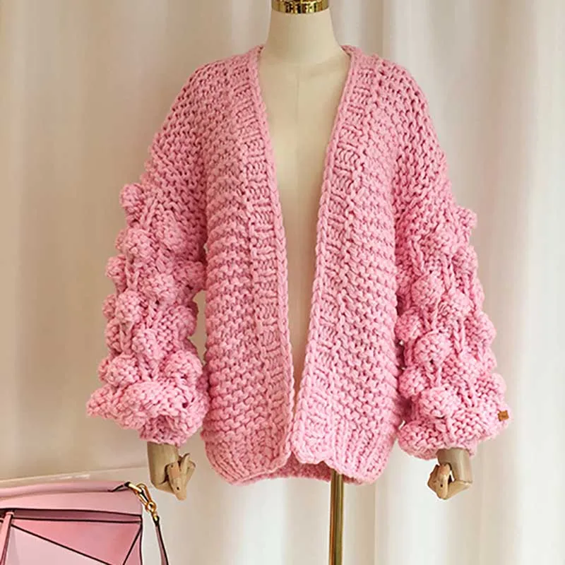 Толстая теплая зимняя уличная одежда, женский длинный стильный кардиган, свитер ручной работы, вязаный крючком, Плетеный, большой размер, 5XL, женский свитер - Цвет: Pink