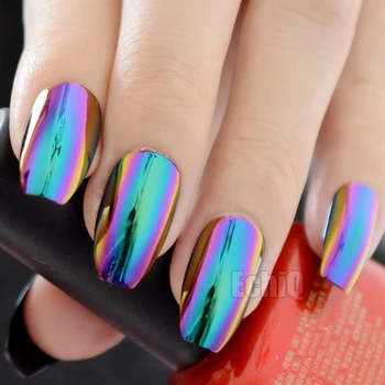 

Chameleon Color Metallic Press On Nails Medium Flat Coffin Acrylic Nail Tips Mirror Faux Ongles with Glue Sticker Z905