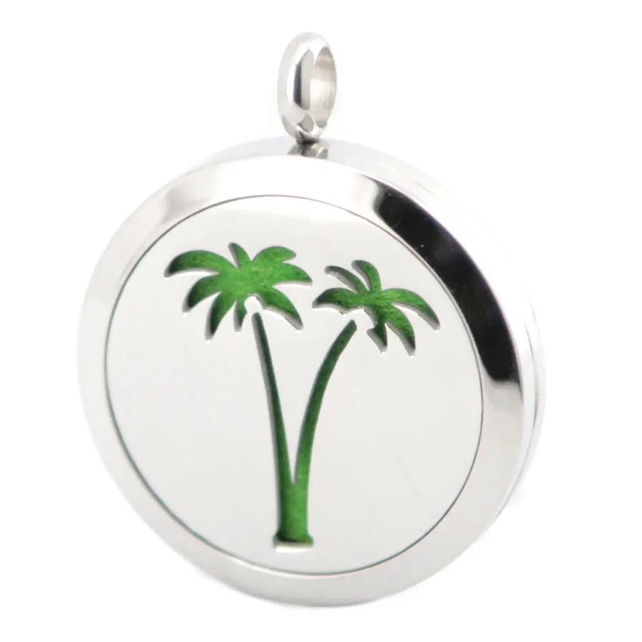 10pcs 30mm Round Silver Coconut Tree Aromatherapy Oils Stainless Steel Perfume Diffuser Locket Necklace Pendant