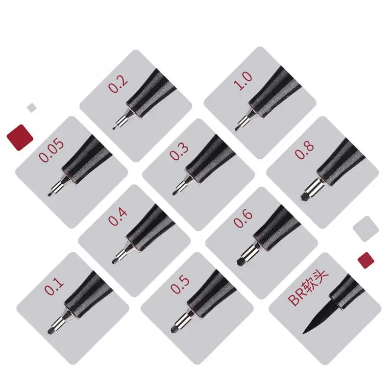 10Pcs/set Pigment Liner Micron Ink Marker Pen 0.05 0.1 0.2 0.3 0.4 0.5 Brush Tip Black