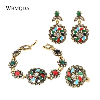

3 Pcs/lot Vintage Turkish Jewelry Sets Colorful Flower Antique Gold Color Princess Windmill Ring Bracelet Earrings For Women Set
