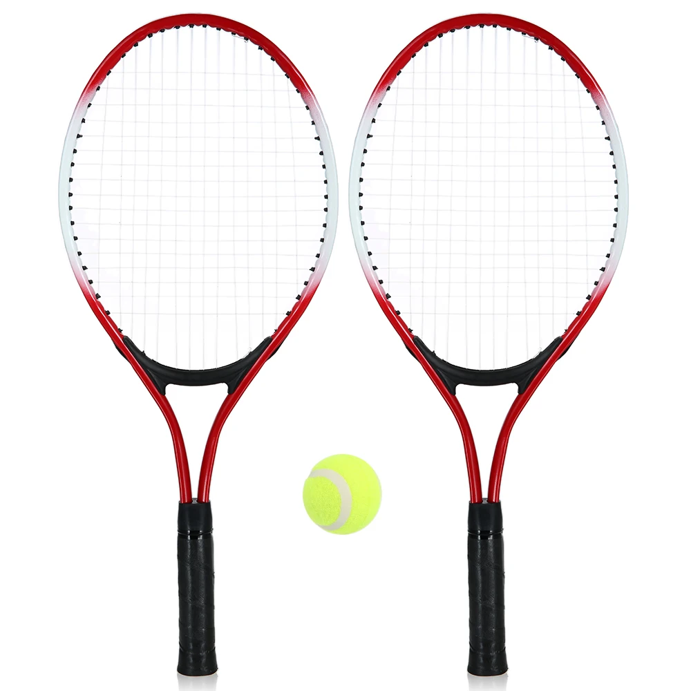 2 шт., Детские уличные спортивные теннисные ракетки, струнные теннисные ракетки с 1 теннисным мячом и чехлом, хороший тренировочный комплект для детей - Color: red