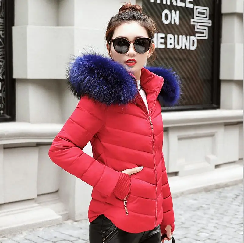 Осенняя зимняя куртка женская парка для пальто Модный женский пуховик с капюшоном большой воротник из искусственного меха пальто - Цвет: red