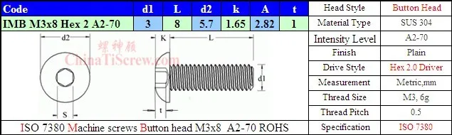 Винты из нержавеющей стали M3x8 головка кнопки ISO 7380 шестигранный драйвер A2-70 полированный ROHS 100 шт