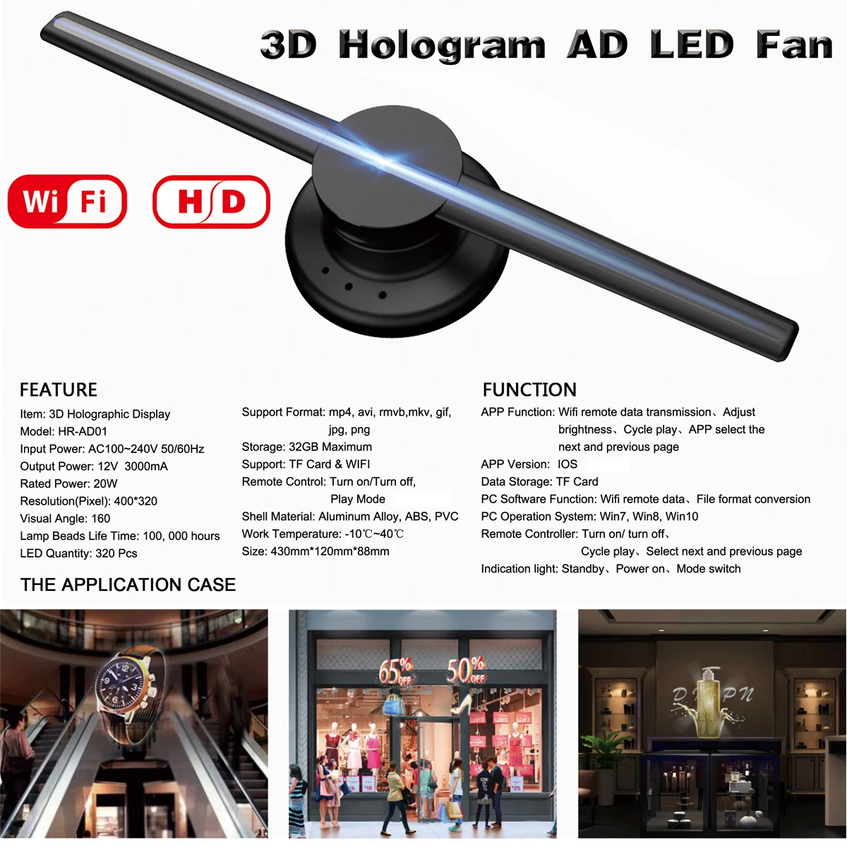 

NEW Upgraded Wifi 3D Holographic Projector Hologram Player LED Display Fan Advertising Light APP Control 42cm/16.54