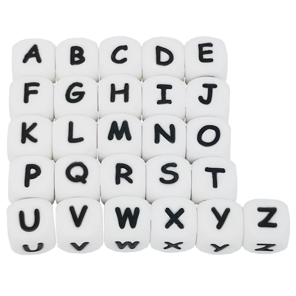 

50pcs Letter Silicone Teething Beads Baby Chewing Alphabet Bead For DIY Name on Pacifier Chain Clip Teether Necklace 12mm Cube