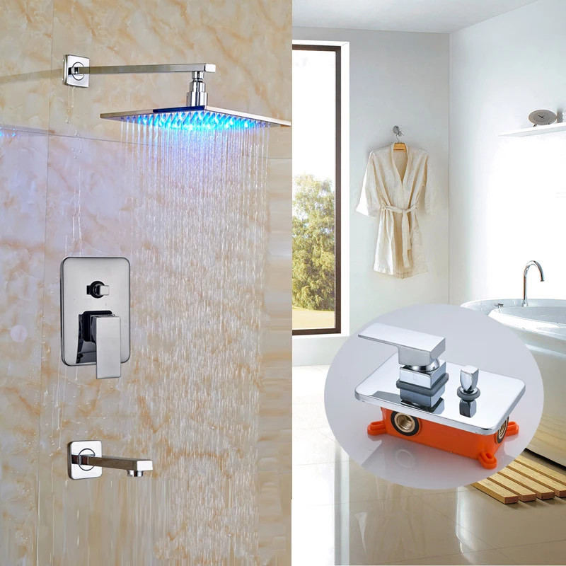 

Newly Wall Mount Chrome Finished 8"/10"/12"/16" LED Rainfall Shower Faucet Set Single Handle Mixer Tap