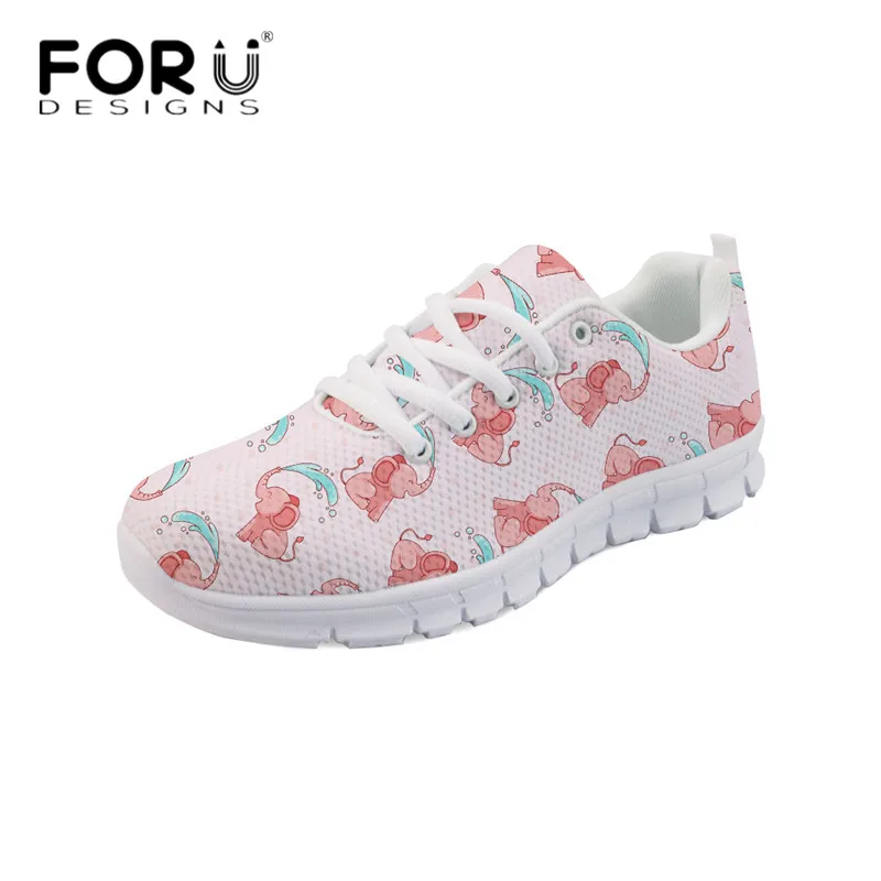 

FORUDESIGNS Newest Pink Casual Flats Women's Cartoon Elephant Design Comfortable Mesh Sneaker Light Lace Up Zapatos Female Shoes