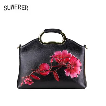 

SUWERER 2020 New women genuine leather bag famous brand Handmade Embossing flower art bag fashion cowhide women handbags