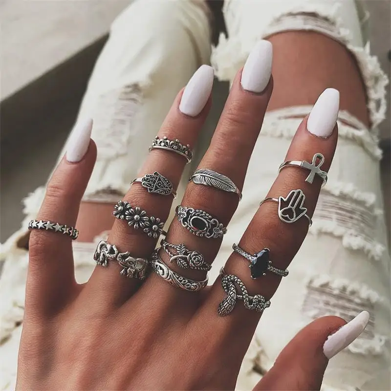 

Bohemian Snake Elephant Flower Leaf Crown Hollow Farama Palm Crystal Silver Rings Lady Wedding Party Jewelry Women Ring Set