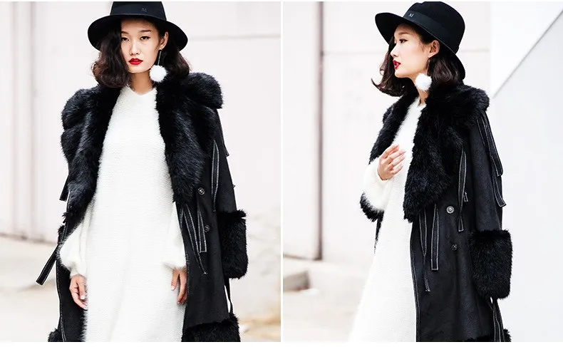 OYCP модное Черное длинное кожаное пальто женское меховое лоскутное теплая повязка длинное пальто куртка