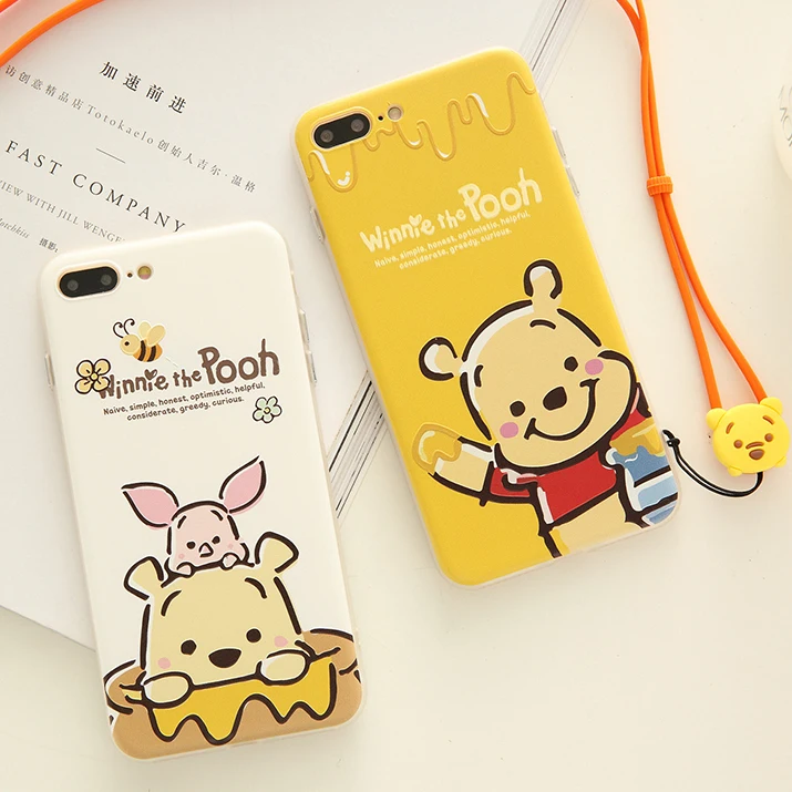 

2pcs For iPhone 7 Cute Winnie Bear Back case, for iPhone X 6 6s 7 8 Plus Hard PC Phone Cover with Soft Silicone Frame + Strap