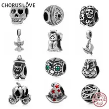 Choruslove Antique 925 Sterling Silver Special Skull Beads fit Pandora Charm Original Bracelet Halloween Gifts