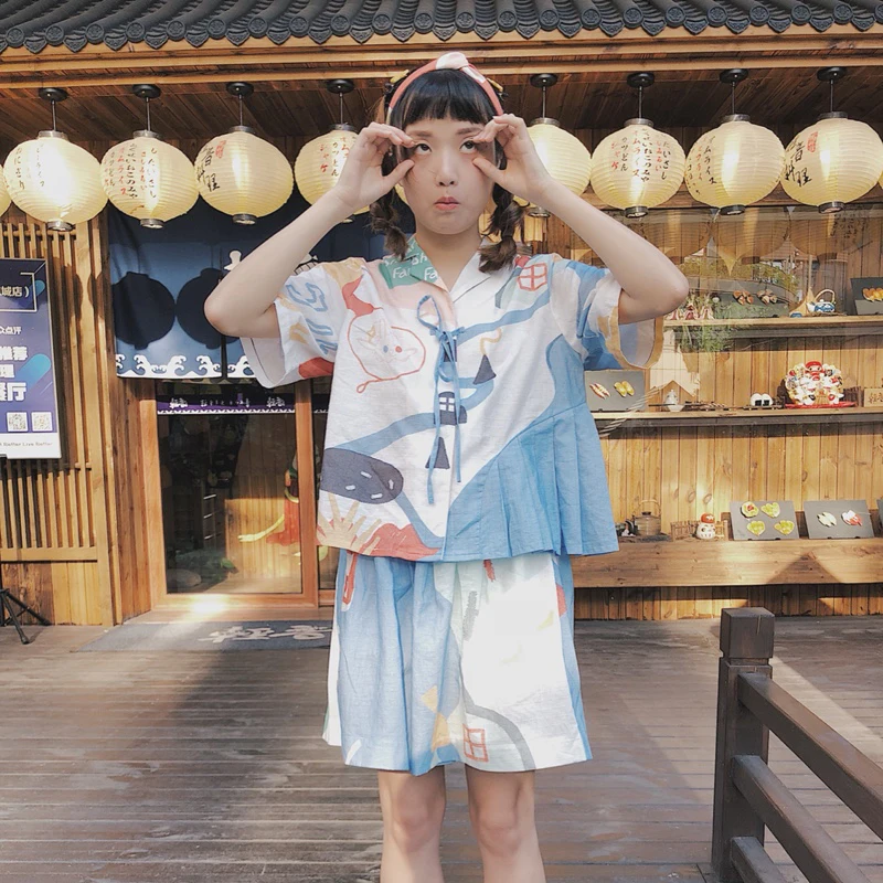 

2018 Summer New Women Chiffon Blouse Sweet Preppy Style Short Sleeve Femme Shirt Set Prints Chic Bow Tie Up Ruffles